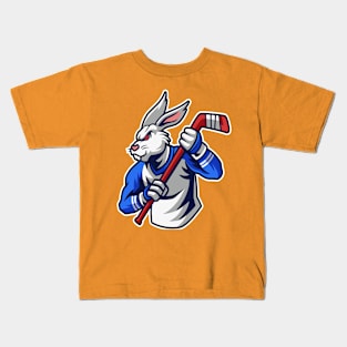 Rabbit Hockey Player Mascot & Sport pattern Kids T-Shirt